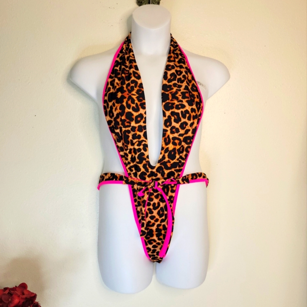 Leopard Print Halter Bodysuit with Pink Trim.  Size large